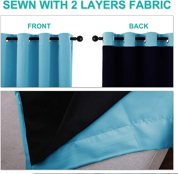NICETOWN 100% Blackout Short Curtains with Black Liners, 2 Panels, 37" W by 63" L, Teal Blue, Solid Thermal Insulated Full Blackout 2-Layer Lined Drapes, Energy Efficiency Window Draperies for Bedroom