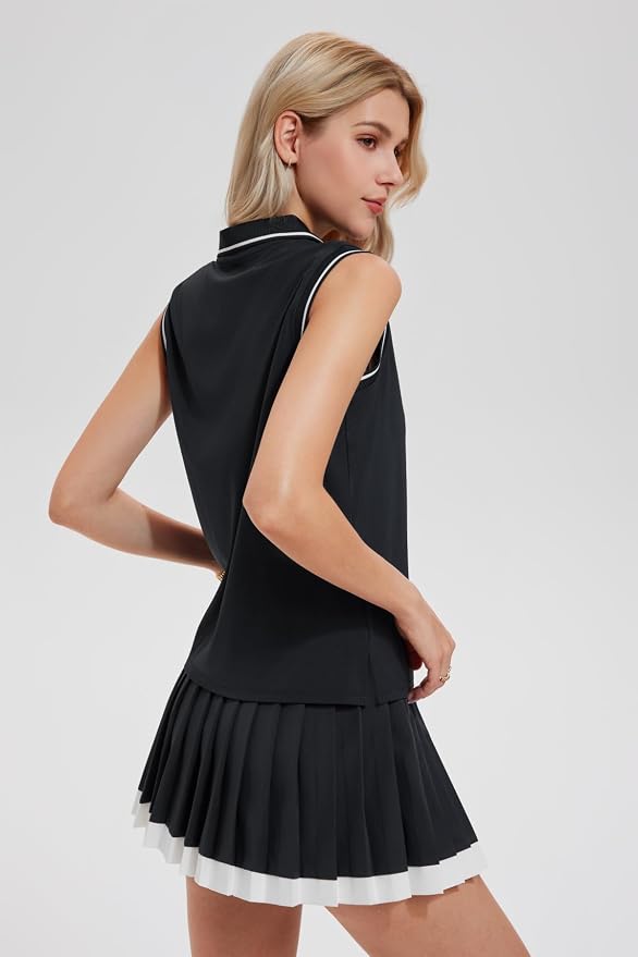 AFZ Tennis Outfits Polo Top and Color Blocked Pleated Tennis Dress Golf Outfits for Women Athletic Dress with Shorts