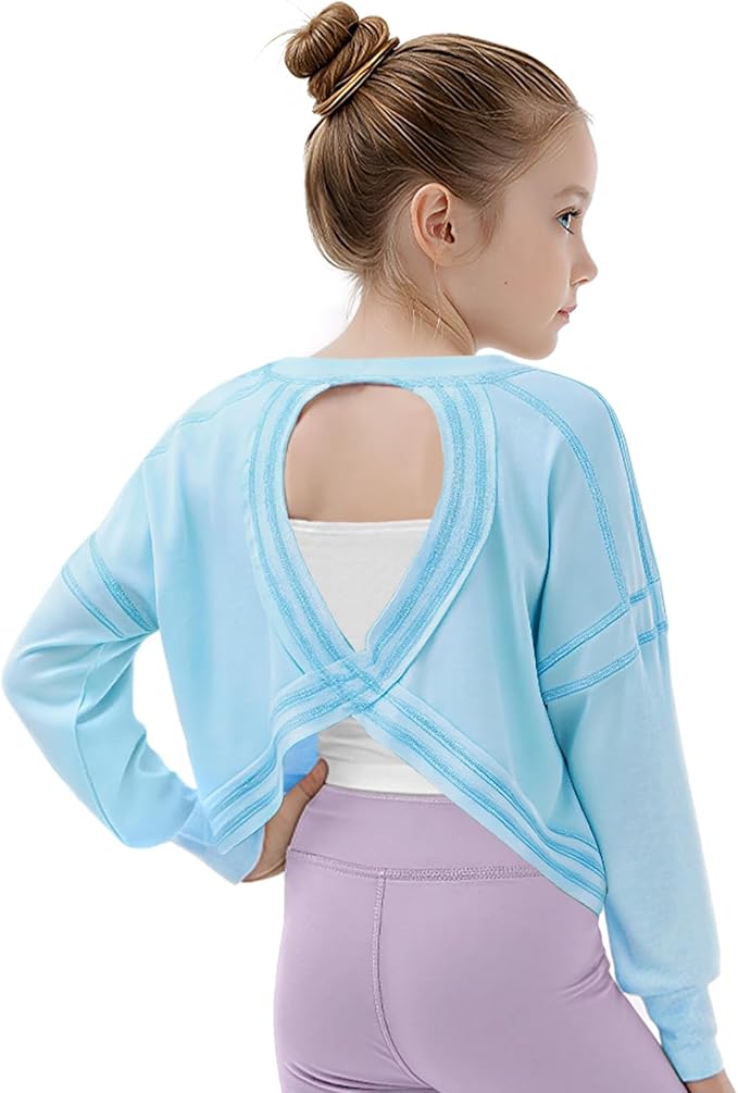 Gogokids Girls Shirts Long Sleeve Athletic Shirts Open Back Tops Active Sports Tshirts Yoga Workout Crop Tees 5-14 Years