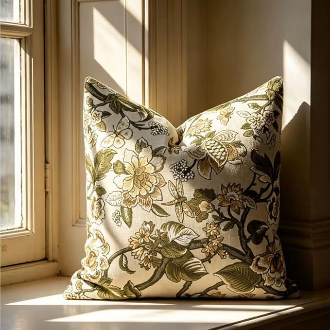Neutral Floral Pillow Cover 18x18, Vintage Linen Square Pillow Cover Soft Decorative Farmhouse Accent Pillow Cases for Couch Bedroom Living Room Home Decor, Beige