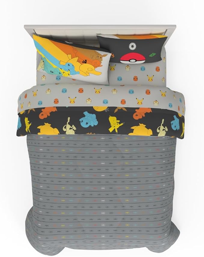 Pokemon Bedding Set, Full Size 7 Piece Set Kids Super Soft Cozy Reversible Comforter and Sheet Set with Sham, (100% Officially Licensed Product) by Franco