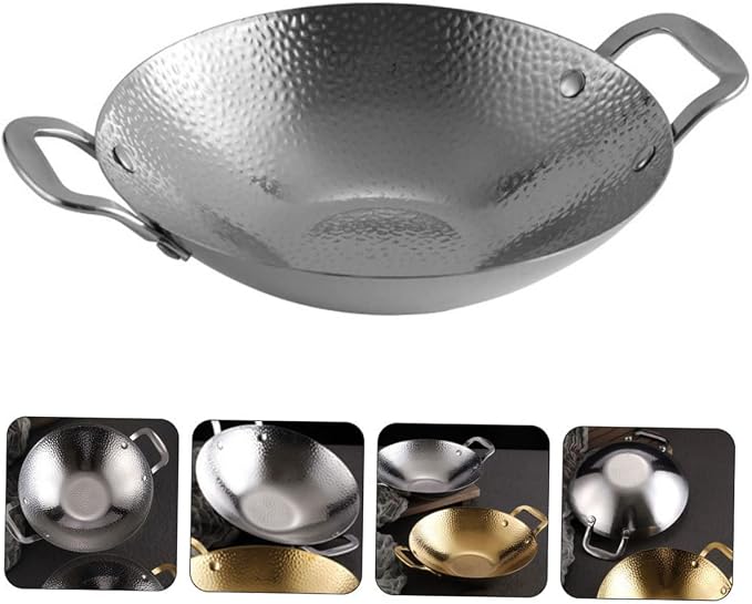 PRETYZOOM Double Handle Hammered Wok Pot Stainless Steel Cooking Pan for Korean BBQ and Home Use Small Metal Kitchen Pot with Sturdy Construction