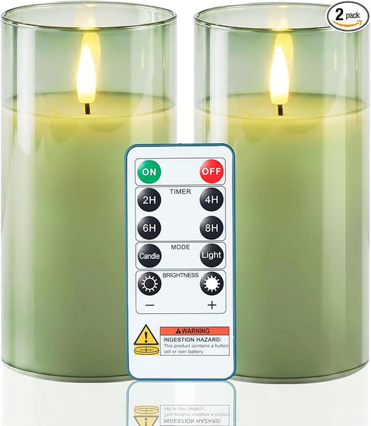 Homemory Sage Green Glass Flameless Candles Battery Operated LED Pillar Candles with Remote and Timer, Real Wax Flickering Candles Home Decor, Wedding, Easter, Farmhouse, Table Centerpieces, Set of 2