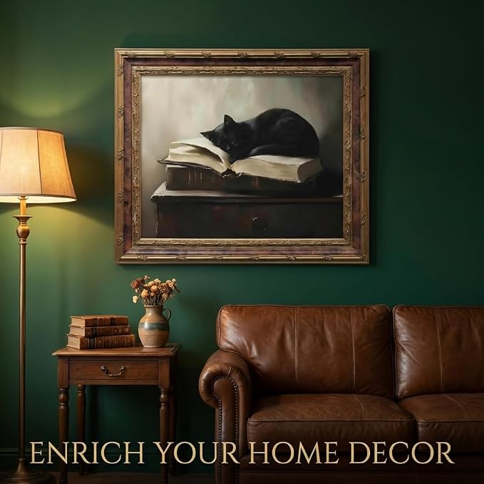 Vintage Moody Gothic Black Cat Wall Art, Dark Academia Cat Canvas Print, | Sleeping Cat on Antique Books Painting Poster, Literary Picture Wall Decor for Living Room Bedroom Office 16x24 In
