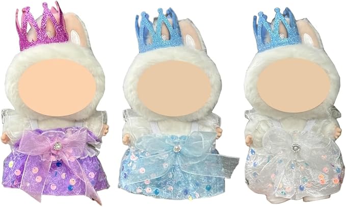 Dresses Clothes for Labooboo Dolls 17cm, Lebubu Princess Doll Clothing Dress Accessories Set, Lububu Designer Clothes Outfits for Plush Dolls 7 Inch, Blue Purple White