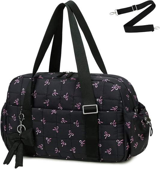 CAMTOP Mini Gym Bag for Women, Small Gym Tote Bag Puffy Quilted Sports Duffel Bag with Wet Compartment and Coin Purse Duffel Bags Dance Yoga Workout Bag for Gifts (Black Bow, Medium-16")