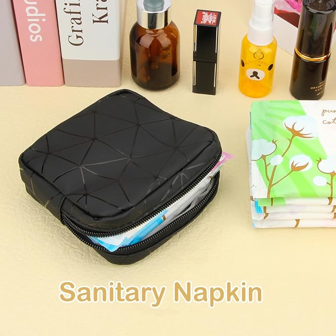 Sanitary Napkin Storage Bag, Menstrual Cup Pouch Nursing Pad Holder Tampon Bags Feminine Product Pouches Portable Period Kit Bag for Girls Women Ladies (Black)