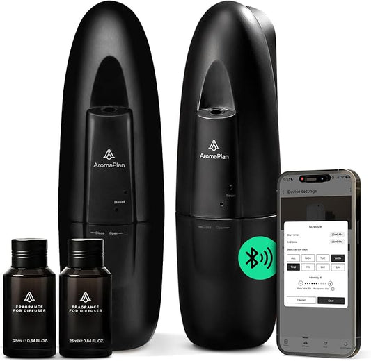 AromaPlan 5 Star Collection Plug in Waterless Diffuser (2 Devices +2 Scents Included)-Cold Air & Waterless Diffusers for Home & Office- Silent Wall Diffuser Plug in, Bluetooth App Control, 500 sq.ft