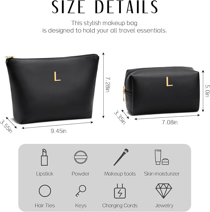 Women Gifts | Initial Makeup Bag for Girl Personalized Gifts for Bridesmaid Friend PU Leather Cosmetic Travel Toiletry Bag(Black,L)