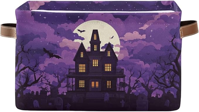 Aslsiy Storage Basket Spooky Castle Halloween Moon Nursery Bins Purple Baby Box Canvas Clothes Shelf Basket Laundry Hampers 2 Pcs