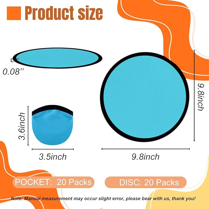 20PCS Foldable Flying Disc Fans with Bags, 9.8'' DIY Handheld Black Egde Fabric Folding Fan for Outdoor Game Activities Birthday Party Favors Gifts, Light Blue