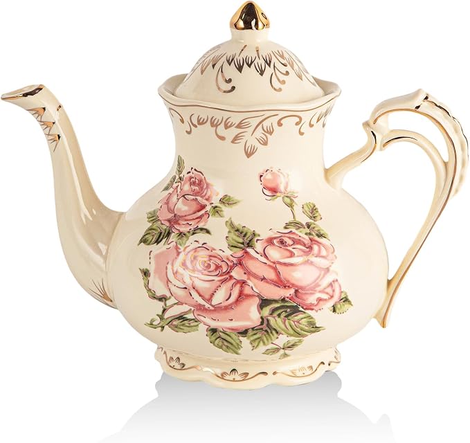 YOLIFE Ivory Rose Teapot, 35 OZ/ 4 Cup Porcelain Tea Pot with Infuser for Loose Leaf Tea, Vintage Floral Teapot and Gold Trim