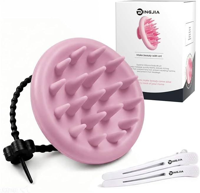 100% Silicone Scalp Massager,Scalp Scrubber for Hair Growth,Pink | 1 PCS Gift Box,2 Seamless Hair Clips Included,Soft-touch Grip,Quick lathering,Anti-Dandruff, Wet & Dry Use for All Hair Types