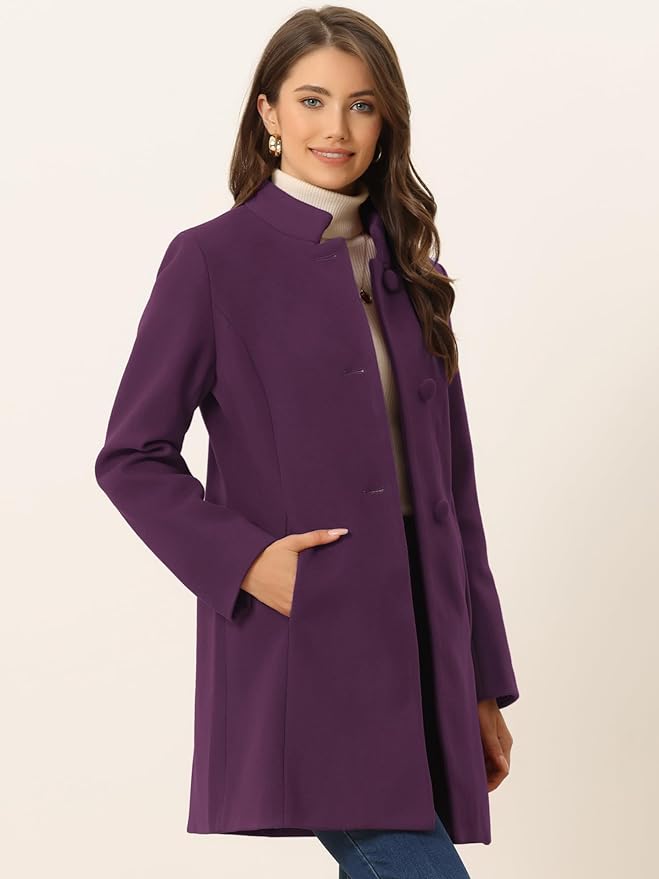 Allegra K Women's Winter Overcoat Mid-Long Stand Collar Single Breasted Coat Outerwear