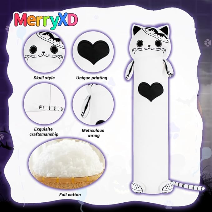 MerryXD Kawaii Long Cat Plush Body Pillow,28”Soft Cute White Stuffed Animals Plushies, Kids Big Doll Toys, Ideal Gifts for Cuddles,Girls,Girlfriend,Boys,Birthday,Christmas,Halloween,Valentine's Day