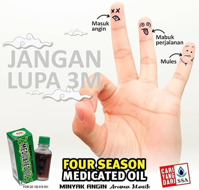Four Season (Shen Nong Si) Medicated Oil 40 ml, Traditional Asian Therapeutic Massage Oil, Classic Aroma for Cold Relief, Motion Sickness, Breathing, Itchy Skin, Stomach Discomfort, Sore Muscles