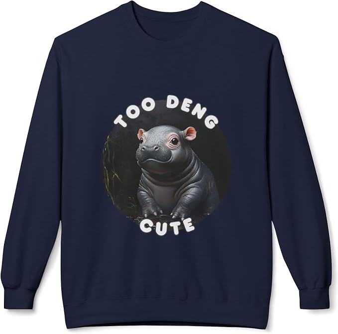 Unisex Fleece Crewneck Sweatshirt - Too Deng Cute Moo Deng Hippo, Cozy Cotton Blend, Classic Relaxed Fit