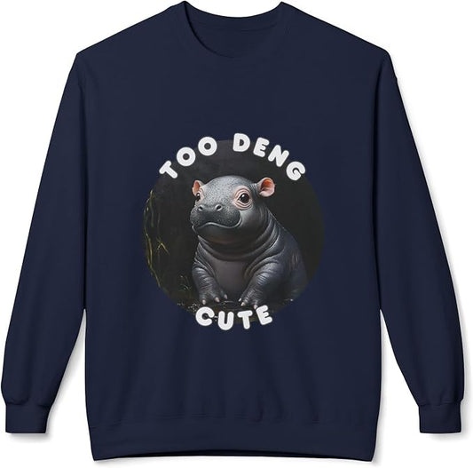 Unisex Fleece Crewneck Sweatshirt - Too Deng Cute Moo Deng Hippo, Cozy Cotton Blend, Classic Relaxed Fit