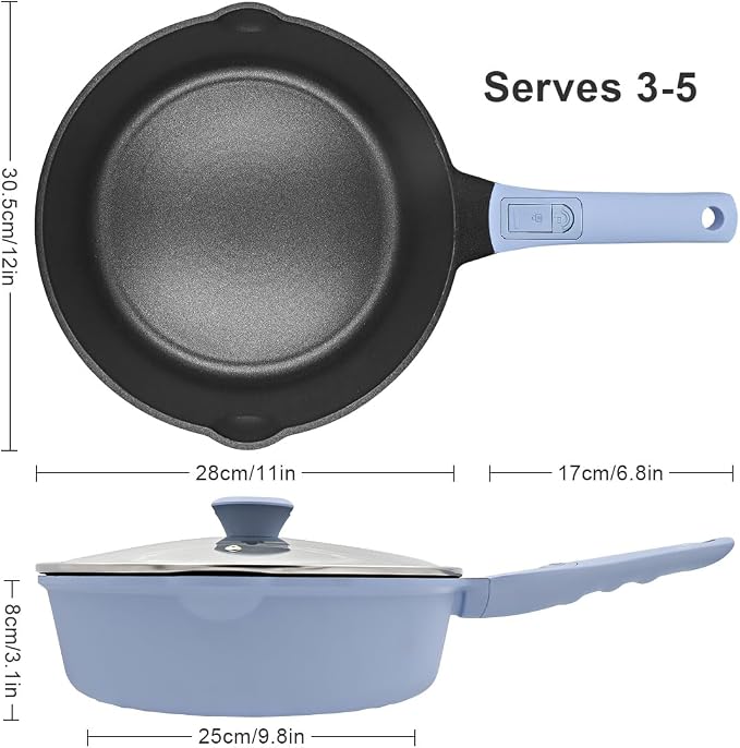 Non Stick Frying Pan Skillet with Lid, 12 Inch Nonstick Deep Frying Pan, 5 QT Saute Pan with Detachable Handle, Compatible with All Stoves, Induction Ready, Oven Safe, PTFE & PFAS-Free, Blue