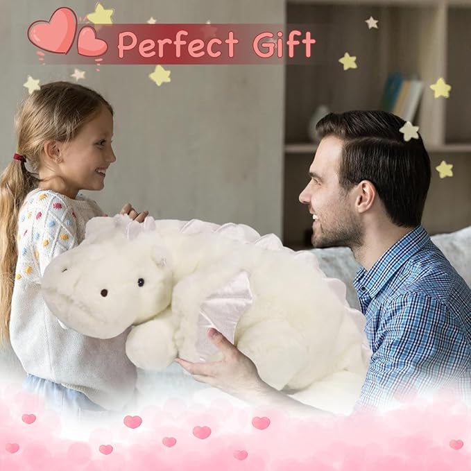 ARELUX Giant 52in 3Lb Big White Dragon Large Stuffed Animals Cute Plush Toy Fuzzy Jumbo Dinosaur Pillow Plushies with Wings Cuddly Soft Green Pterosaur Plushie for Friends Family Member