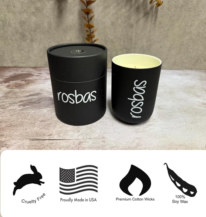 rosbas Palo Santo Soy Wax Candle - 8 oz in Ceramic Jar - Boxed - Clean Burning for Energy Cleansing - Black - Made in USA