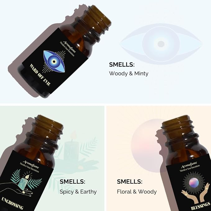 Ward Off Evil, Uncrossing, Blessings Herbal Oil Diffuser Blends by Aromafume | 3 x 10ml/0.33 fl oz| Aromatherapy Oils for Manifestation & Mindfulness | Non-Toxic, Vegan, Cruelty-Free