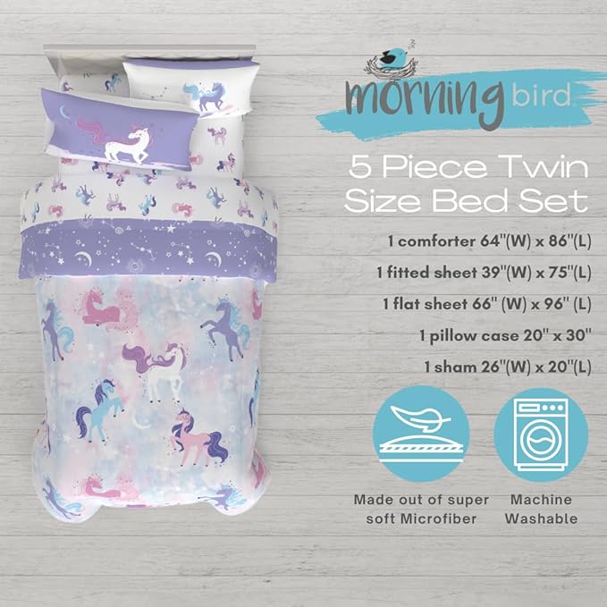 Morning Bird Unicorns Astrology Kids Bedding Super Soft & Cozy Reversible Microfiber Comforter and Sheet Set with Sham, 5 Piece Twin Size, by Franco
