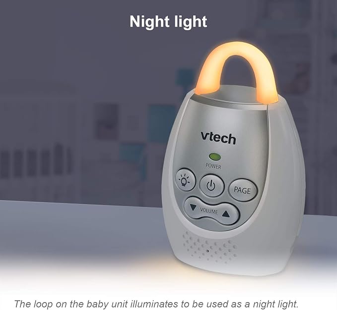 VTech Communications DM221 Audio Baby Monitor with up to 1,000 ft of Range, Vibrating Sound-Alert, Talk Back Intercom & Night Light Loop, White/Silver