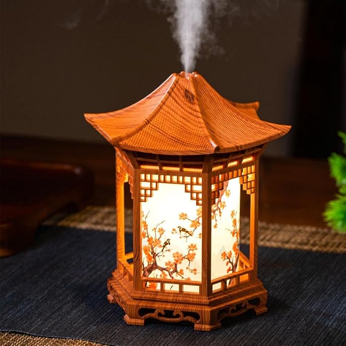 Zen Pavilion Lantern Aroma Diffuser & Night Light,2-in-1 160ml Essential Oil Diffuser with 2 Mist Modes,Zen Garden Humidifier Chinese-Style Decorative Night Light for Yoga, Meditation (Brown)