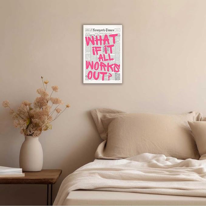 Drimiler Retro Newspaper Pink Font Poster What If It All Works Out Canvas Wall Art Positive Affirming Quote Minimalist Prints Painting For Home Bedroom Dorm Wall Decor 12x16in Wframed
