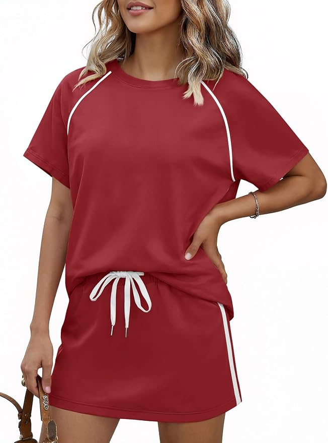 Womens 2 Piece Skirt Sets Summer Tennis Outfits Vacation Skort Set | Two Piece Sets, Short Set, Athletic Workout Golf Outfits, Crew Neck, Color Block, Drawstring, Workout Mathcing Lounge Sets