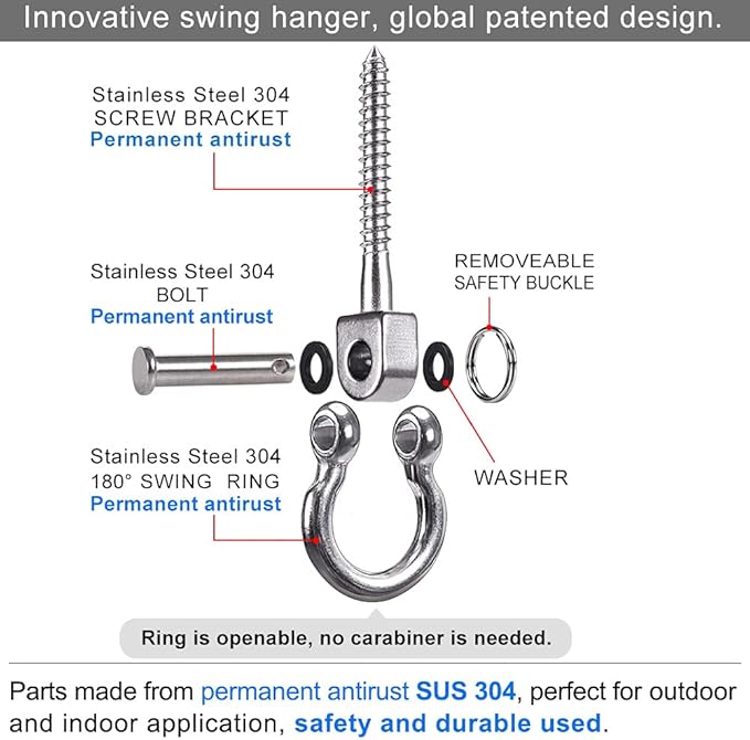 SELEWARE Heavy Duty 180° Swing Hangers, Stainless Steel Eye Screw Bracket, 1800 LB Capacity Playground Yoga Hammock Rope Tire Web Chair Sandbag Punching Bag Porch Swing Sets (6 Pack)