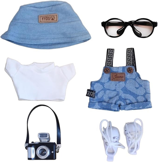 6 Piece 17cm Doll Clothes, Outfit Set with Accessories for 17cm Dolls, Denim Style Outfit Set with T-Shirt + Denim Overalls + Canvas Sneakers + Denim Hat + Mini Camera + Glasses, No Doll Included