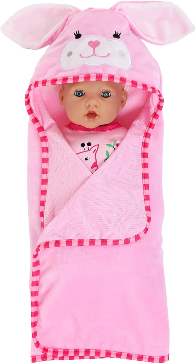 16-18" Baby Doll Accessories Set – 12-Piece Pink Rabbit Quilt & Care Kit Changing & Bathtime Playset for Baby Reborn Alive Dolls, Includes Doll Blanket, Diapers, Bottles (Dolls are Not Included