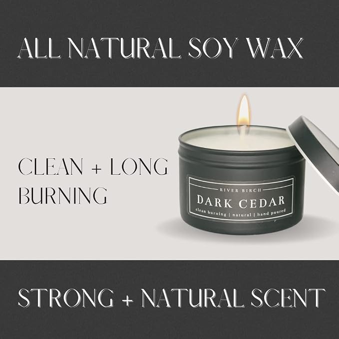 River Birch Candles Cedar Eucalyptus Scented Candle | Premium, All-Natural, Non-Toxic, Soy Candles | 8 oz. Black Matte Tin Travel Candle | Cozy Relaxing Gifts for Home