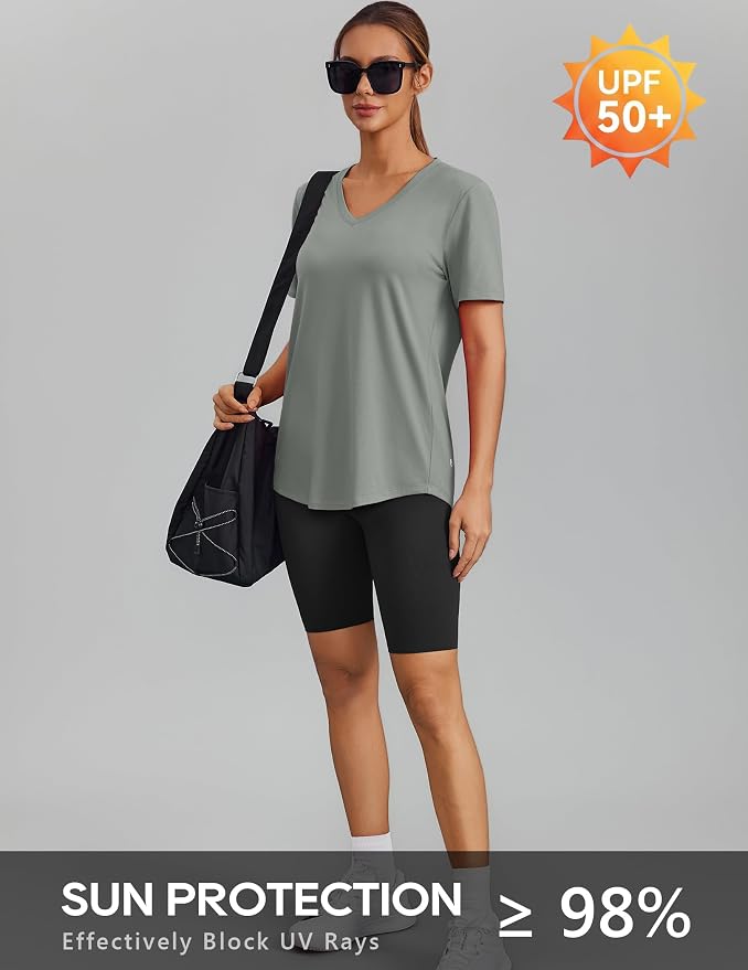 PINSPARK Soft Workout Tops for Women Short Sleeve V Neck Moisture Wicking UPF 50+ Sun Protection Quick Dry Gym Shirts