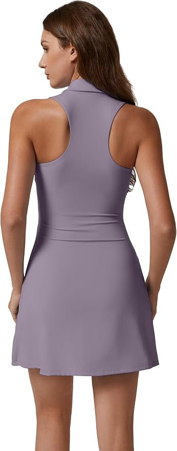 QINSEN Womens Zip Front Tennis Dress Polo Collar Racer Back Workout Golf Dresses Build in Shorts with Pockets
