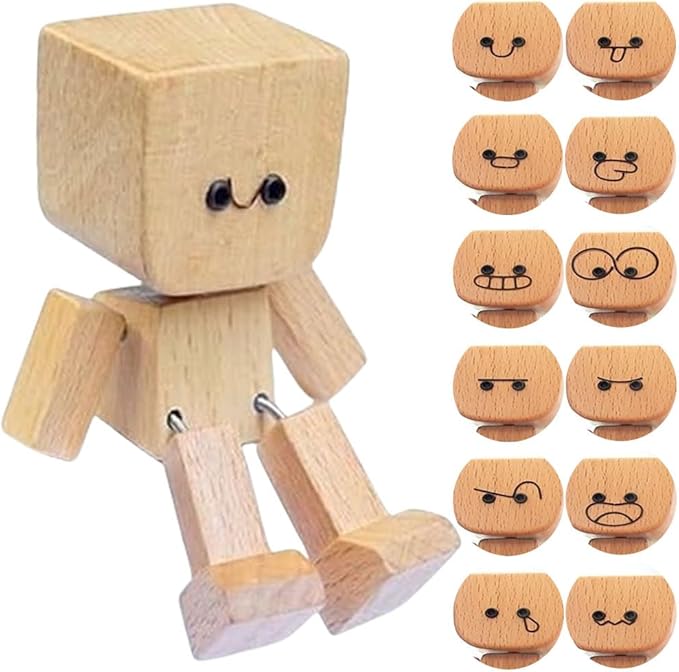Charming Little Wooden Figure That Sways with 12PCS Expressions, Handmade Shaking Feet Wooden Car Dashboard Decorations or Dashboard, Office, Gifts-1pcs