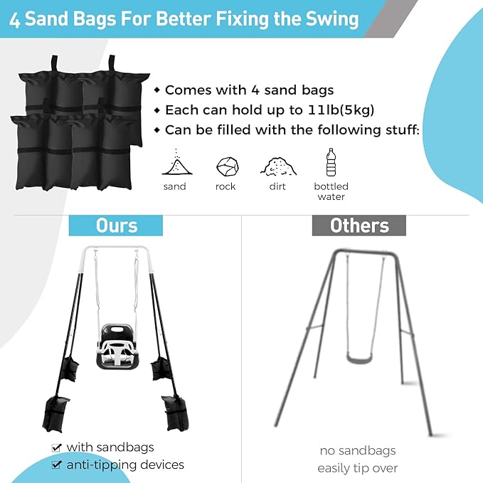 FUNLIO 3-in-1 Toddler Swing Set with 4 Sandbags, Indoor/Outdoor Baby Swing with Foldable Metal Stand, Kids Swing Set for Backyard, Clear Instructions, Easy to Assemble & Store - Black