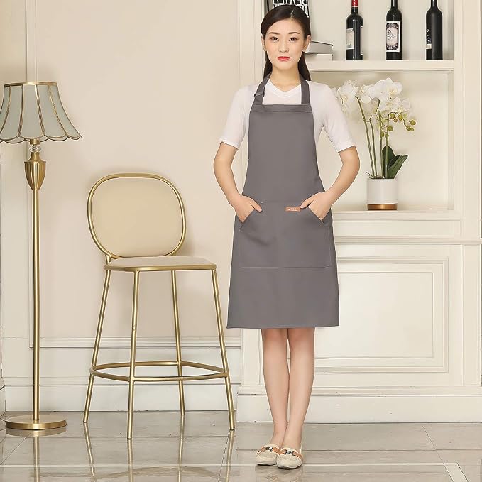 NEWGEM Adjustable Canvas Aprons for Women Men with 2 Pockets - Kitchen Cooking Chef Apron with Neck Strap, Stain Resistant Pinafore for Waitress Barista Restaurant Baking BBQ (Gray)