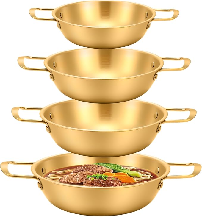 4-Piece Korean Ramen Pot for Stove, Stainless Steel Korean Noodle Pot with Handles, Golden Soup Pots & Cooking Pots for Home & Outdoor Use (Inner Diameter 7.7", 8.5", 9", 10")