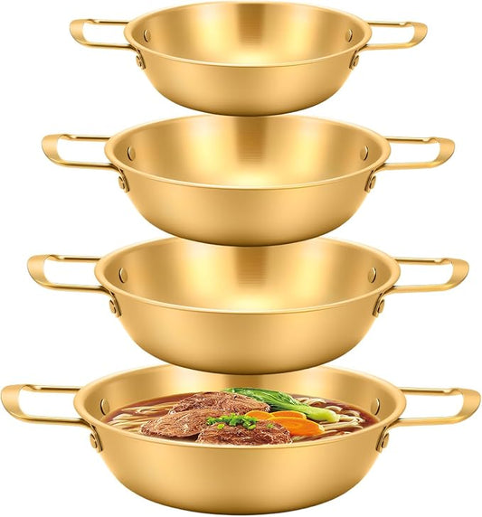 4-Piece Korean Ramen Pot for Stove, Stainless Steel Korean Noodle Pot with Handles, Golden Soup Pots & Cooking Pots for Home & Outdoor Use (Inner Diameter 7.7", 8.5", 9", 10")
