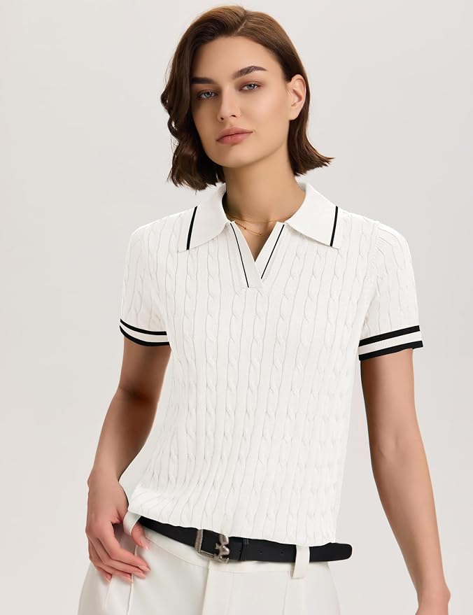 Micoson Womens Short Sleeve Sweater Tops Lapel V Neck Polo Shirts 2026 | Summer Cable Knit Loose Blouses, Business Casual Outfits