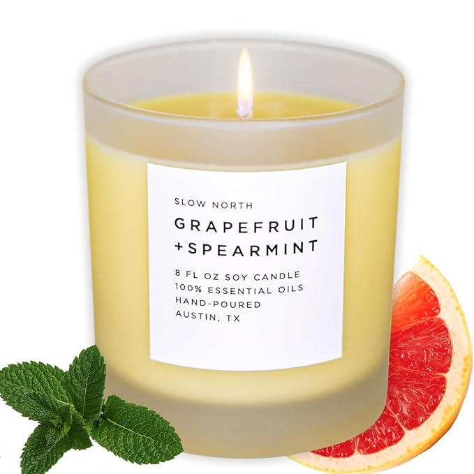 Slow North Grapefruit + Spearmint - Essential Oils and Pure Soy Wax Candle in a Reusable Frosted Glass Jar - Scented Candle Hand-Poured in the USA (8 oz)
