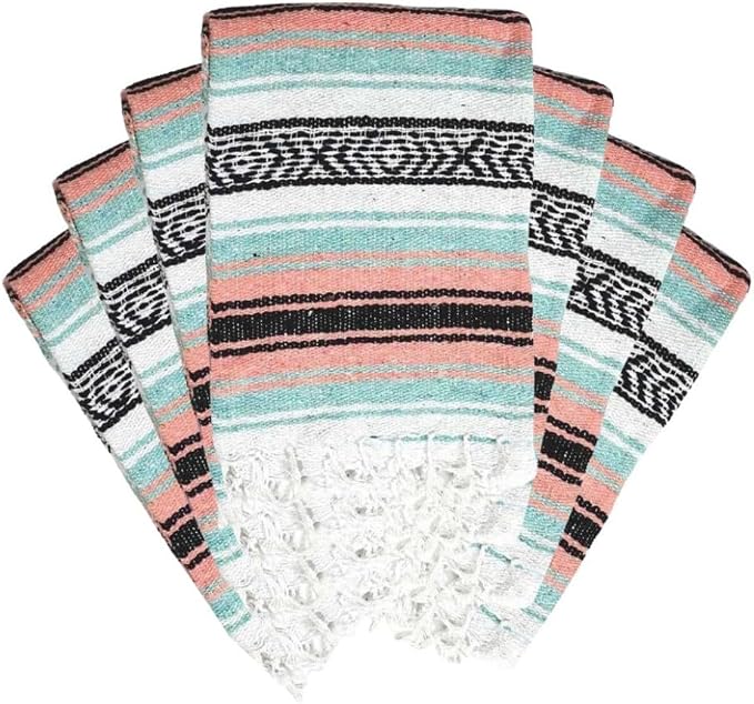 Open Road Goods Bulk Falsa Blankets - Handwoven Authentic Mexican Falsa - Great for Weddings, Yoga, Beach, Picnics, or Mexican Throw! (Mint/Peach, 7 Pack)