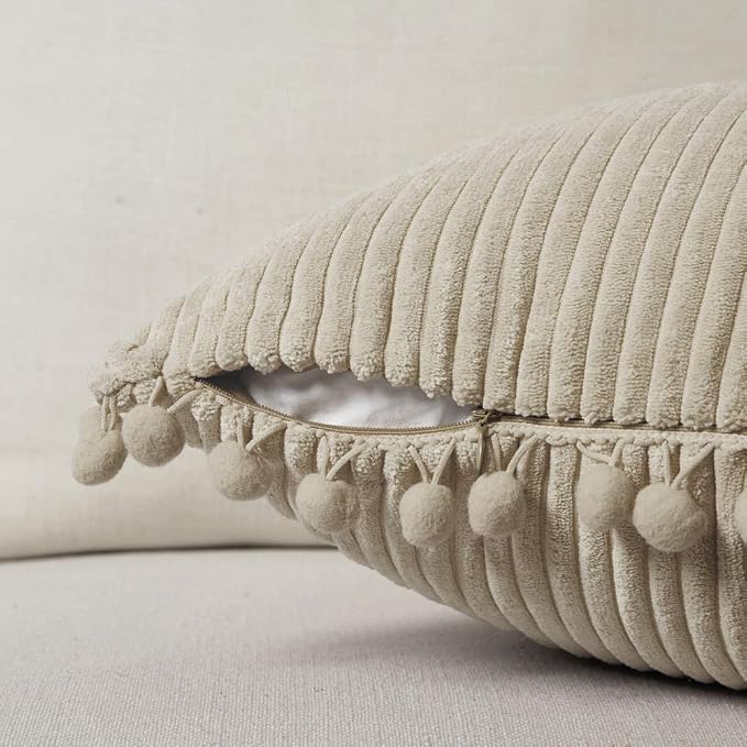 Fancy Homi 22x22 Pillow Covers, Pack of 2 Tan Throw Pillow Covers with Pom-poms, Super Soft Corduroy Square Solid Cushion Cover for Couch Sofa Bedroom Living Room 55x55 cm