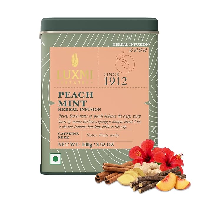 Luxmi Estates Peach Mint Tea with Cinnamon Ginger Hibiscus, 50 cups (100g/3.5oz) | Caffeine-Free