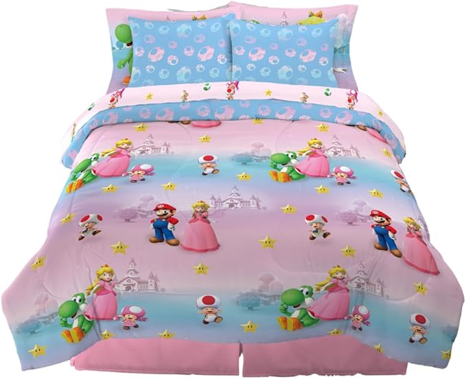Super Mario Girl Princess Peach Girl Gamer Kids Bedding Super Soft & Cozy Reversible Microfiber Comforter and Sheet Set with Sham, 7 Piece Queen Size, (Officially Licensed Product) by Franco
