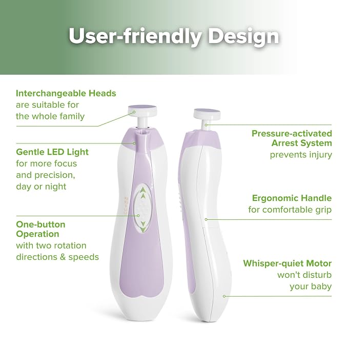 haakaa Baby Nail Trimmer Electric Baby Nail File Kit with LED Light, Baby Nail Clippers for Newborn/Infants/Adults Toenails and Fingernails, 6 Replacement Heads & Storage Case, Purple