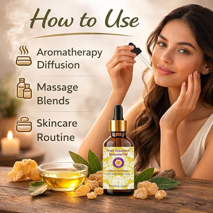 dève herbes Olibanum Essential Oil (Boswellia carterii) with Glass Dropper | Pure | Non-Sticky | Non-Greasy | Lightweight | Men & Women | All Skin Types | Steam Distilled 100ml X 2 (6.76 oz)